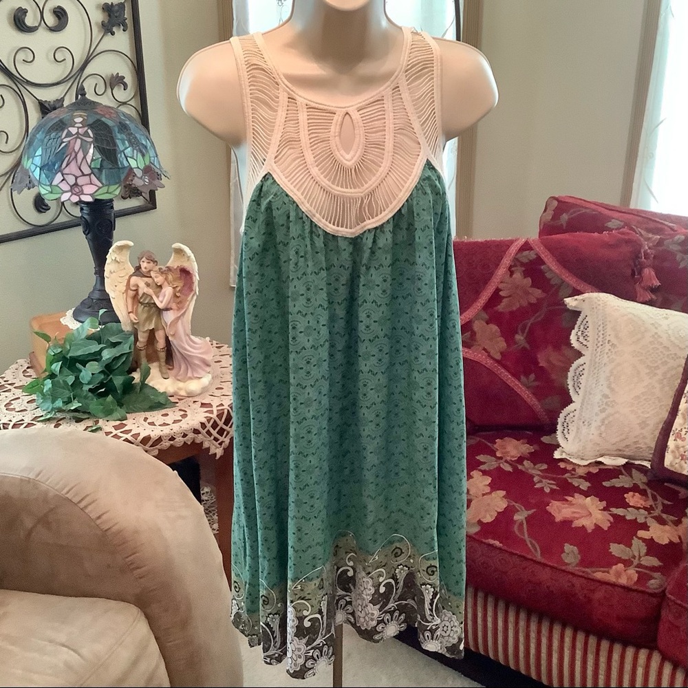 JODIFL boho hippie gypsy sun dress tunic top crochet bodice LRG greens & black
